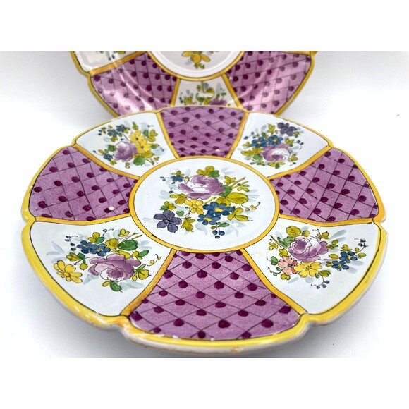 2 Antique Veuve Perrin Faience Plates 7" Scalloped Floral Handpainted France - Picture 6 of 9